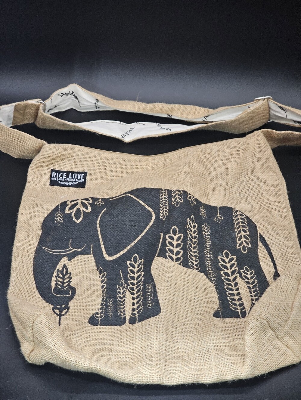 Rice Love Boho Burlap Crossbody Bag Tote Eco-Friendly Elephant Print